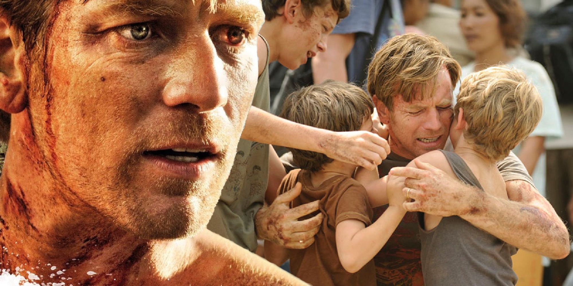 Collage of a closeup of Ewan Mcgregor and him hugging his songs in The impossible