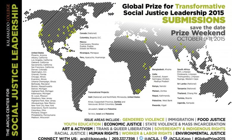 Kalamazoo College Receives 87 Entries from 22 Countries and 18 States for 2015 Global Prize for Transformative Social Justice Leadership Kalamazoo College Receives 87 Entries from 22 Countries and 18 States for 2015 Global Prize for Transformative Social Justice Leadership