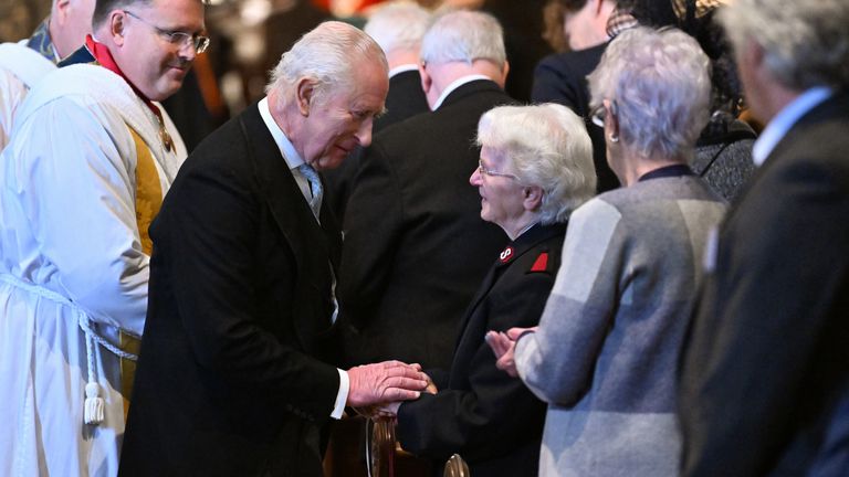 King Charles speaks with a member of the congregation during the Royal Maundy Service at Durham Cathedral.
Pic: PA