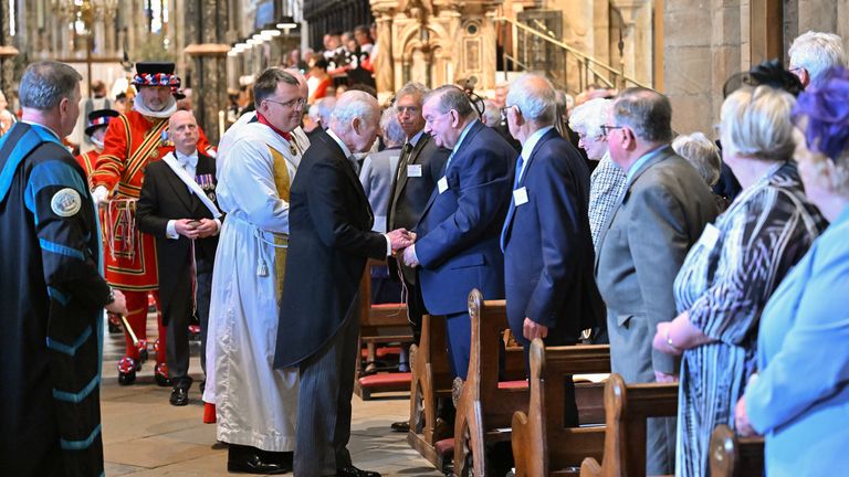 King Charles speaks with a member of the congregation during the Royal Maundy Service at Durham Cathedral.
Pic: PA